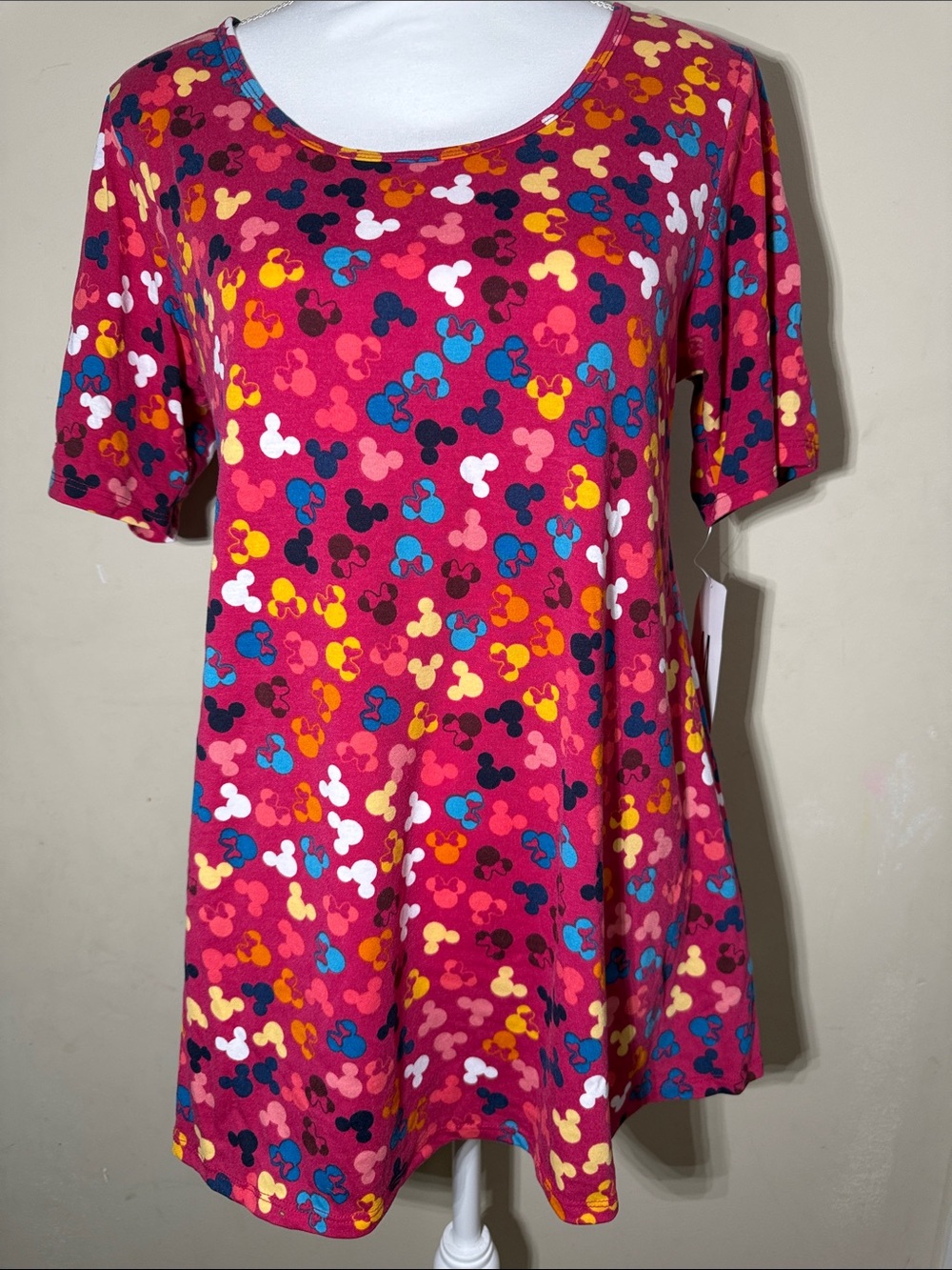 LuLaRoe Short Sleeve Tee in Red with Multicolor Mickey-Style Print Disney